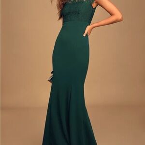 Lulus Hopeful Romantic Hunter Green Lace Mermaid Maxi Dress / Gown